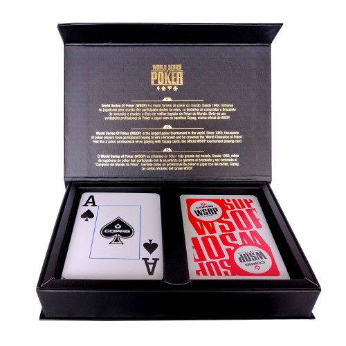 Set carti de joc poker, oficiale World Series of Poker - WSOP, de competitie, 100% plastic, index mare, 2 pachete, culoare spate negru, respectiv rosu Set carti de joc poker, oficiale World Series of Poker - WSOP, de competitie, 100% plastic, index mare, 2 pachete, culoare spate negru, respectiv rosu